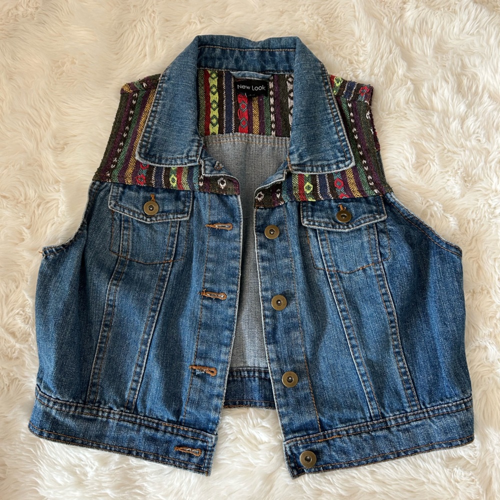 New Look Girls Blue Denim Vest with Multicolor Boho Gypsy Hippie Southwest